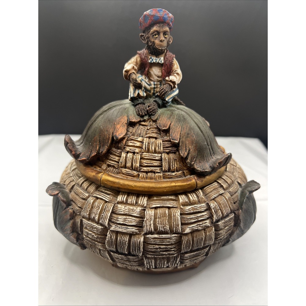 Vintage Lidded Monkey Trinket Box Resin Woven Basket Tureen‎ Jar Jungle Decor